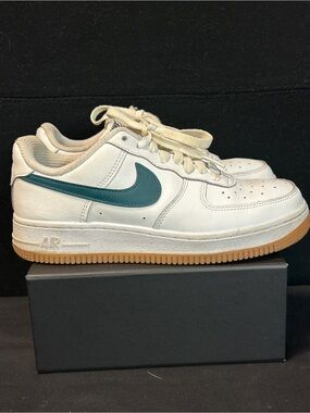 Nike Kids White Leather Sneakers with Teal Swoosh and Gum Outsole